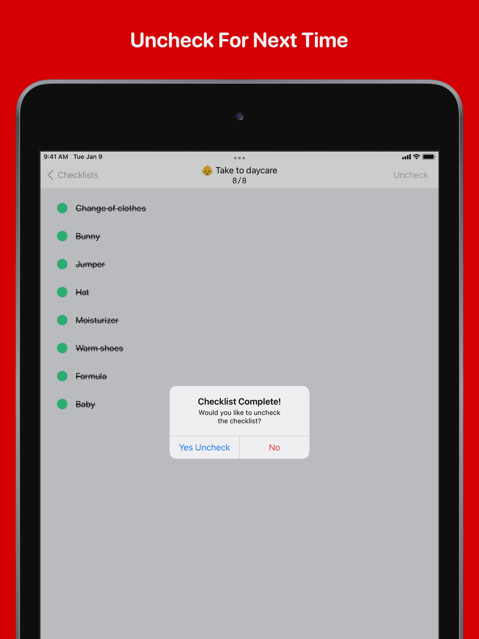 iPad showing how to uncheck all items